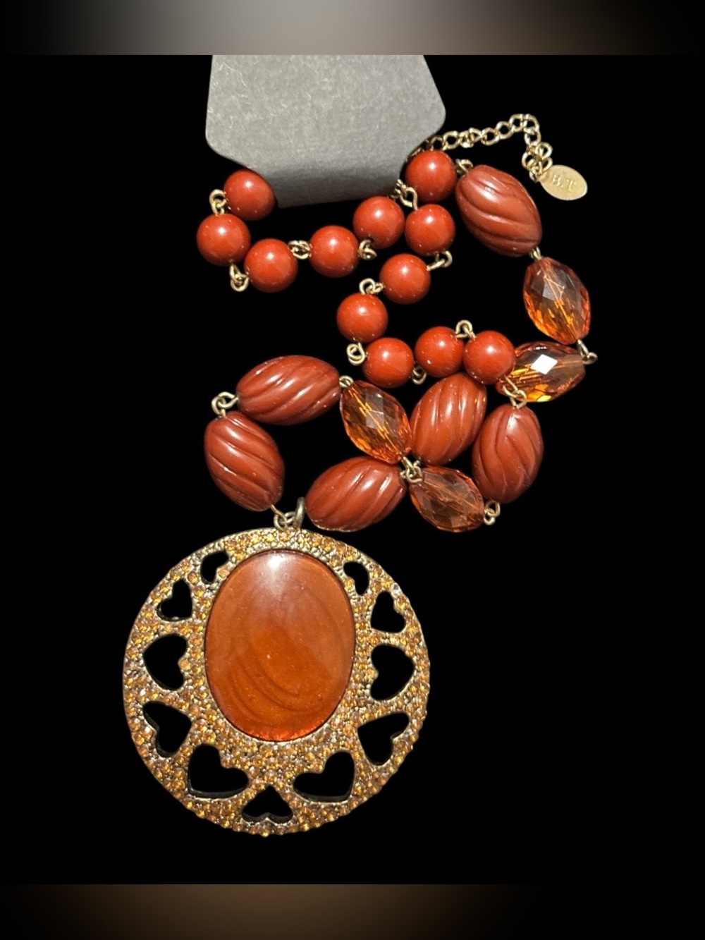 Warm Amber Beaded Statement Necklace with Heart Filigree Pendant
